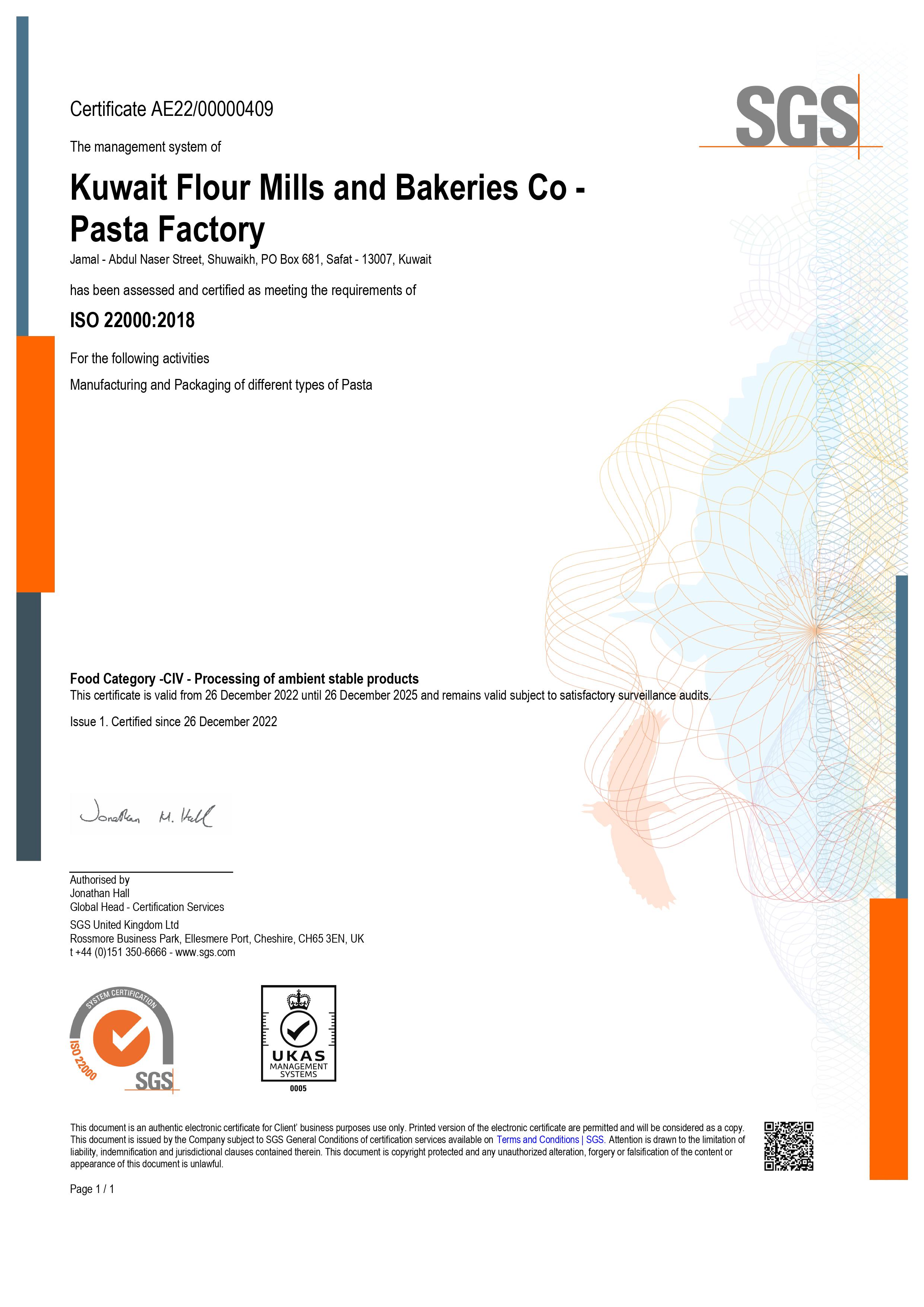 ISO 22000 - 2018 certification for Pasta_valid till 2025
